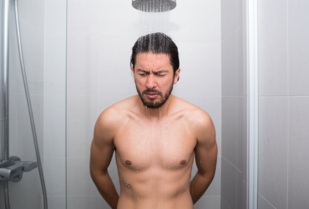 Frustrated person under weak shower with poor water pressure