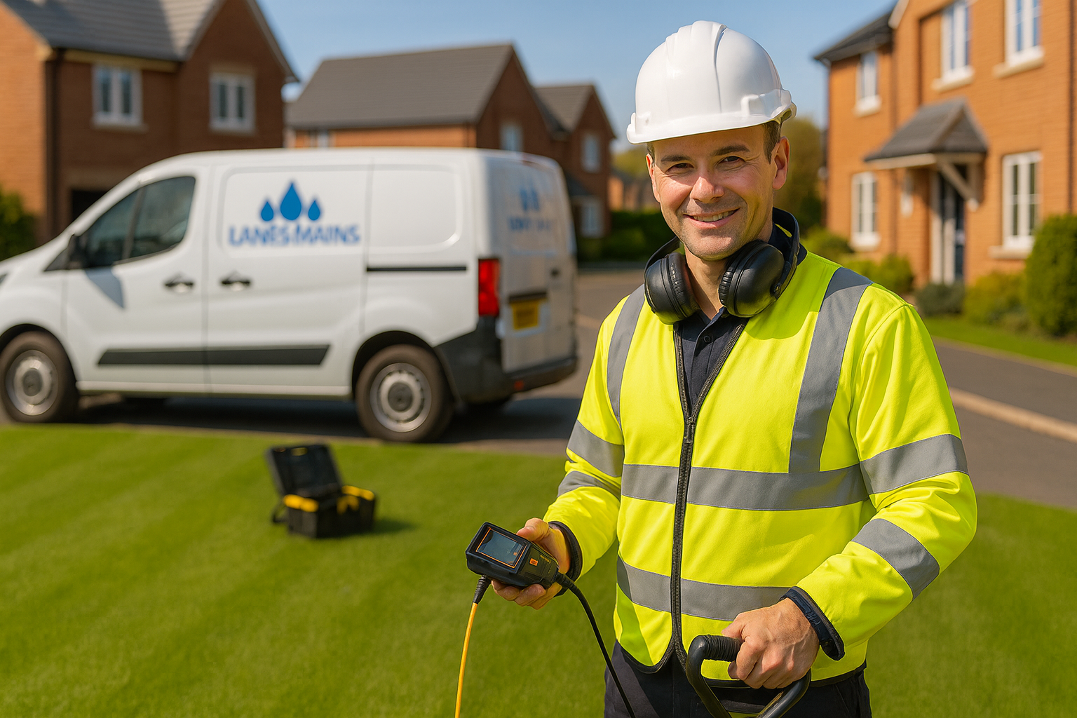 Professional water mains technician with detection equipment